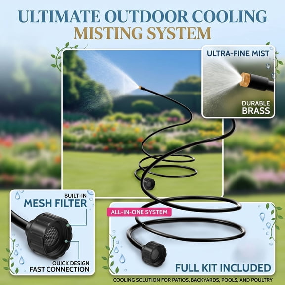 Outdoor Patio Water Cooling Mister, Water Hose Sprayer for Garden Watering, Patio Cooling Misting Hose Attachment, 2M Standing Mist System for Chicken Coop, Backyard, Sunbathing,