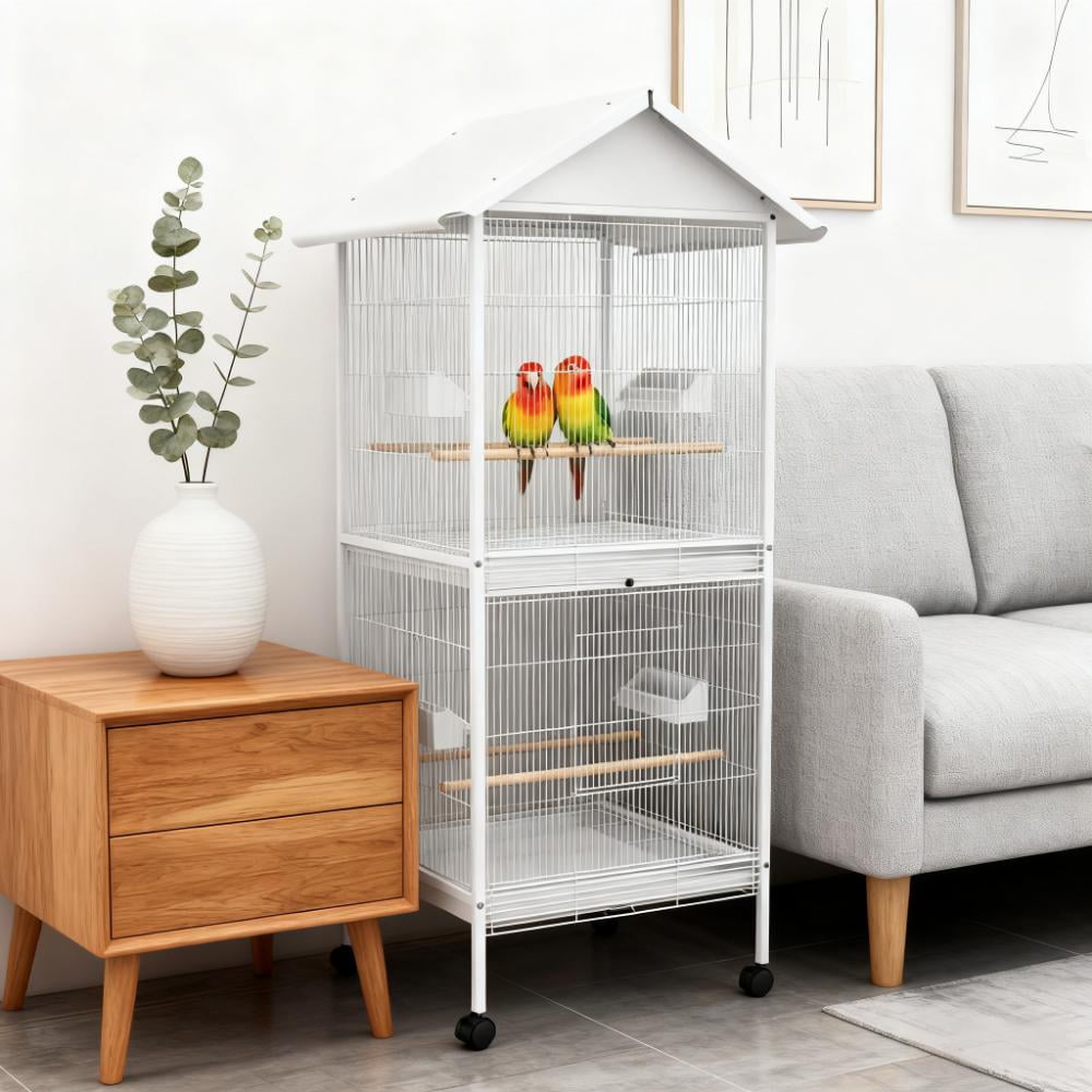 Large Metal Bird Cage 28.25x28.25x67in with Rolling Stand, Perches, Food Containers & Slide-Out Trays, Easy Clean, for Small to Medium Birds