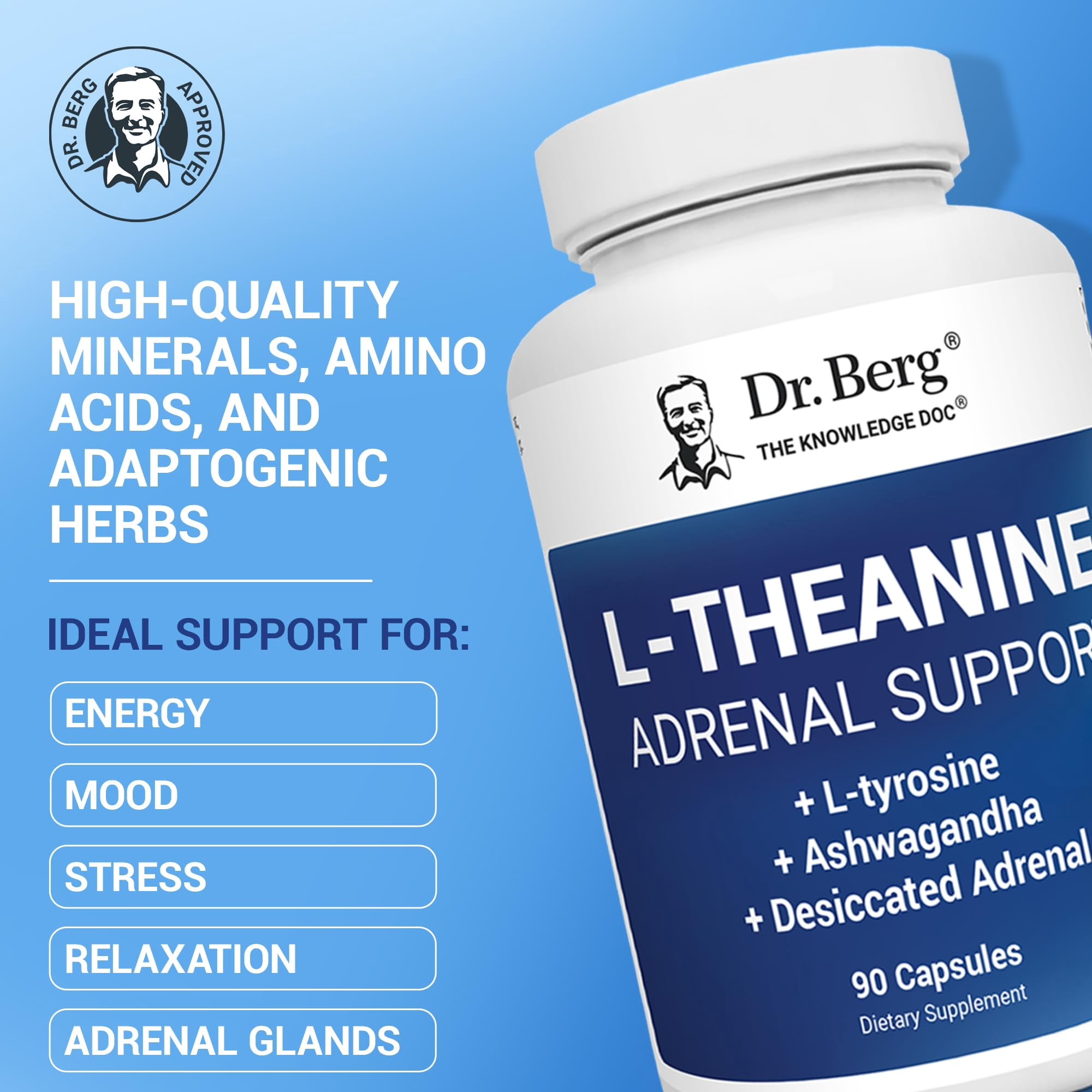 Dr. Berg L-theanine Adrenal Support 200mg – Stress Relief & Sleep Supplement, 90 Capsules