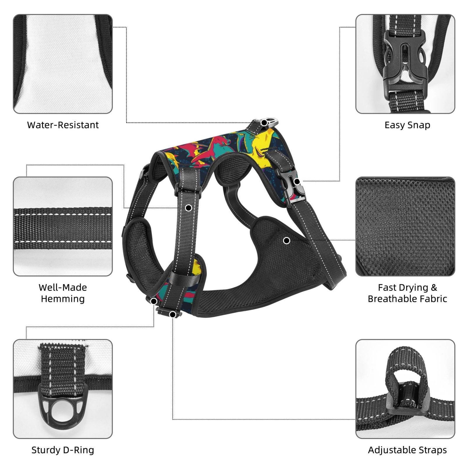 Vsdgher Colorful Sharks Pattern Dog Harness,No Pull Pet Harness with Soft Padded Handle,Adjustable Reflective Vest with 2 Buckles,4 Slide Buckles,S-XL Large