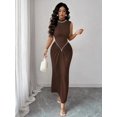 thumbnail image 6 of Brown Semi-High Neck Sleeveless Knitted Pleated Maxi Dress With Pearl Embellishment, Elegant Evening Gown, 6 of 8