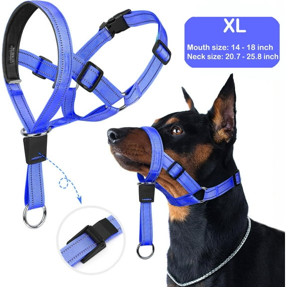 Extra Large Dog Head Collar Halter, Head Collar for Dog, Nylon Adjustable Loop Dog Muzzle Gentle Leader for Dogs, Blue,Mouth size: 14 - 18 inch Neck size: 20.7 - 25.8 inch