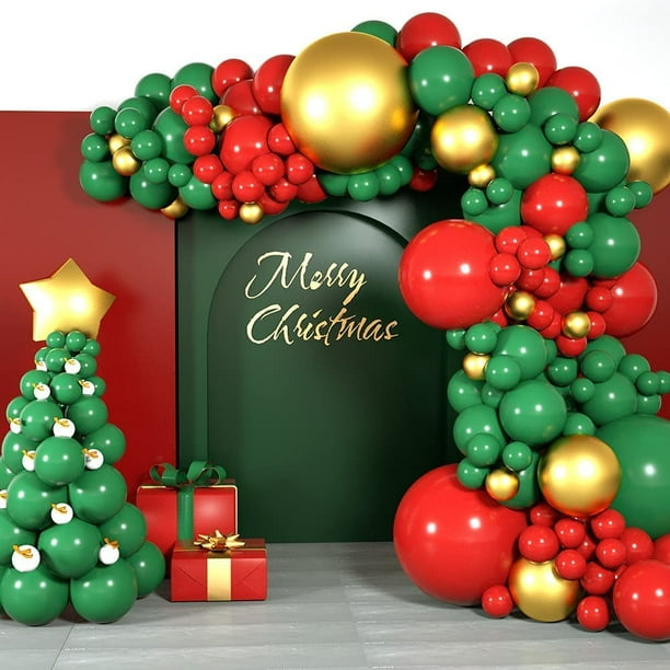 Kit de arco de guirnalda de globos navideños de 200 piezas, globo de látex rojo, verde, metálico, dorado y blanco para decoraciones de fiestas de Navidad, festivales, cumpleaños y empresas
