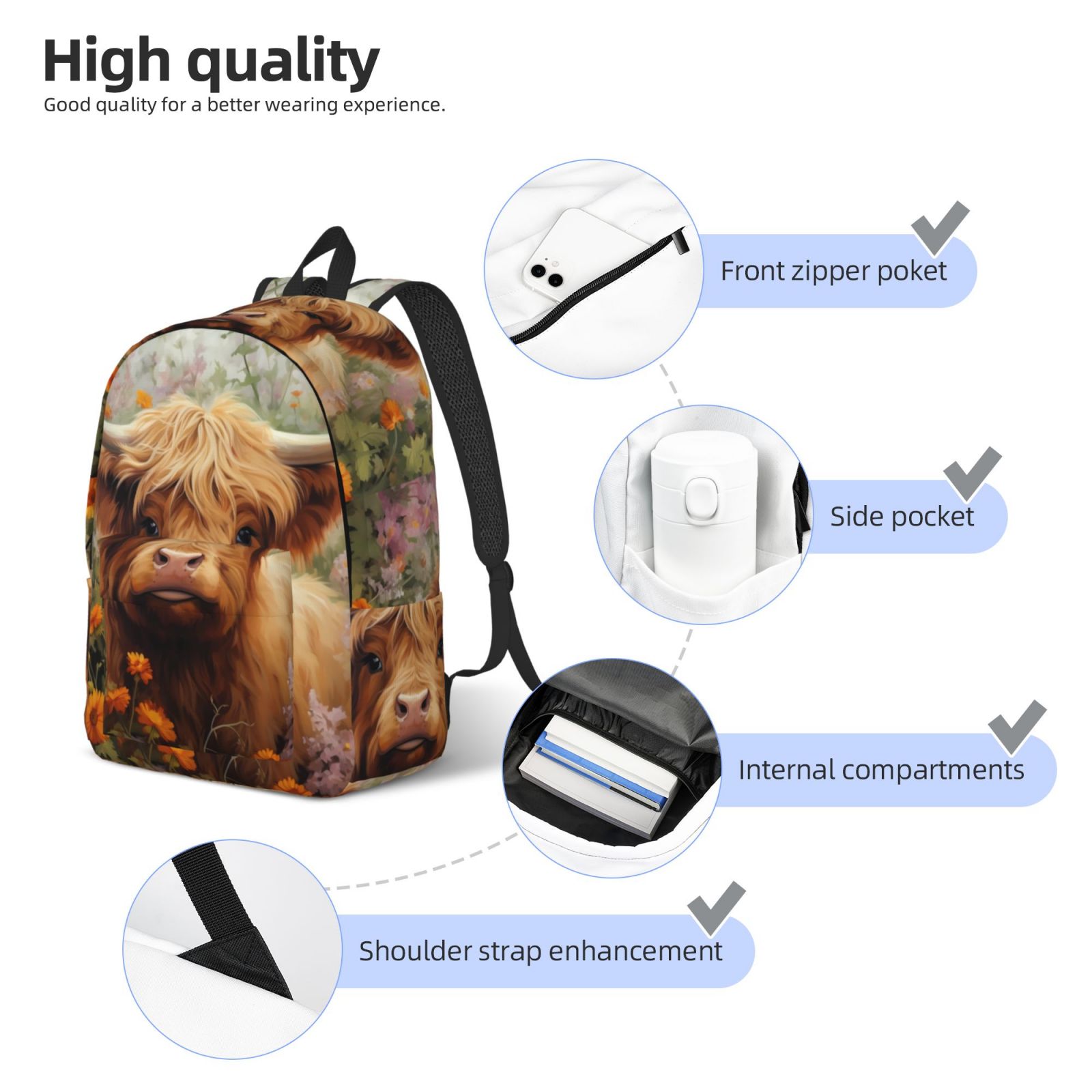 Vsdgher Cute Floral Cow Print Canvas Backpack Travel Rucksack Unisex Knapsack 15.7/17.7Inch Laptop Backpack for Work,College -Small
