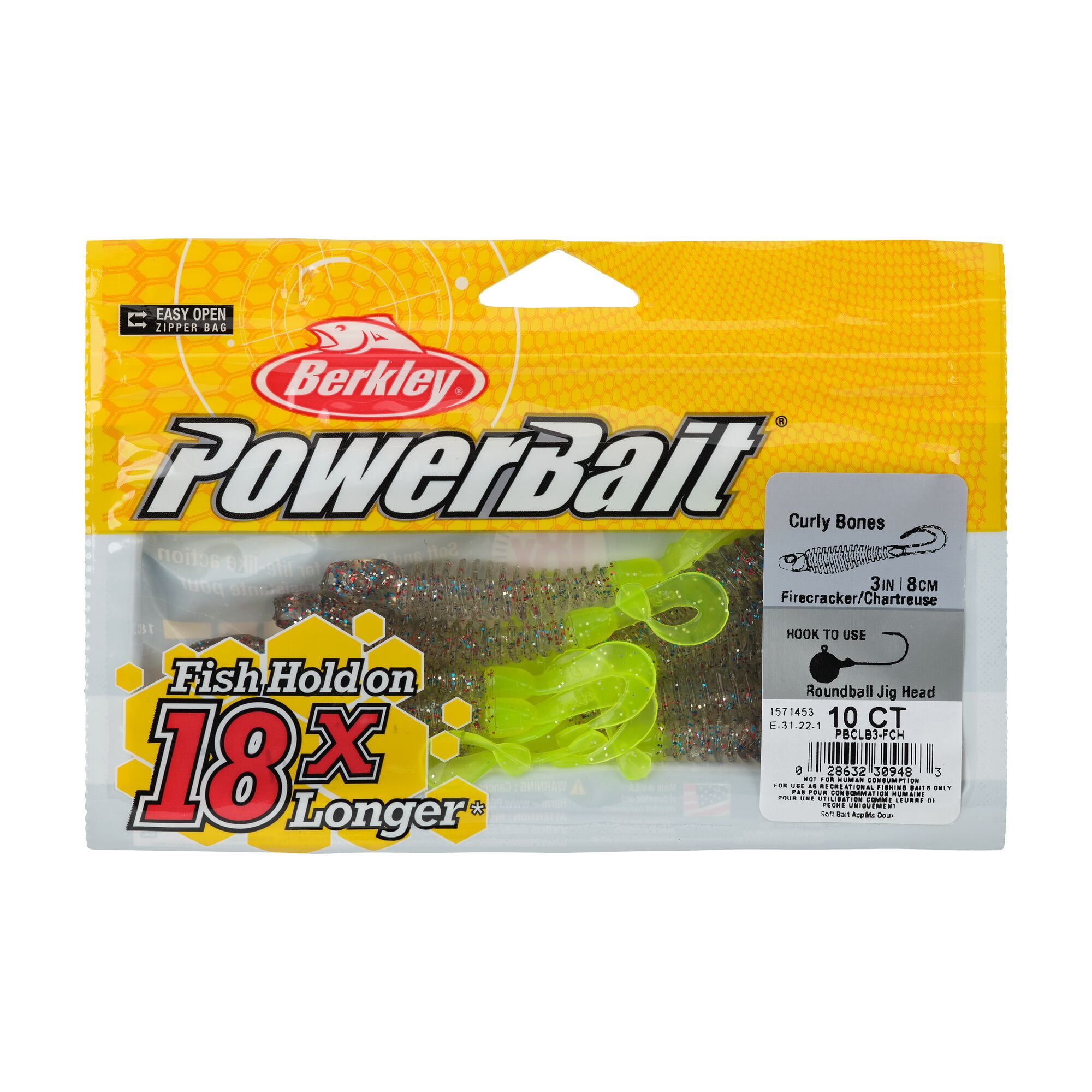 Berkley PowerBait® Curly Bones, 3 in, Swimbaits, Firecracker/Chartreuse (10-count)