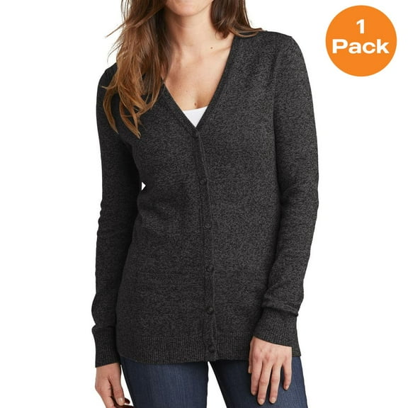 Port Authority LSW415 Ladies Marled Cardigan Sweater, Black Marl, XXL, Womens Workwear Sweaters