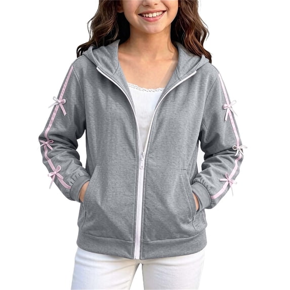 VEKDONE Girls Zip Up Hoodie Long Sleeve Hooded Sweatshirt With Cute Ribbon Bow and Pockets Kids Fall Spring Back to School Active Outerwear