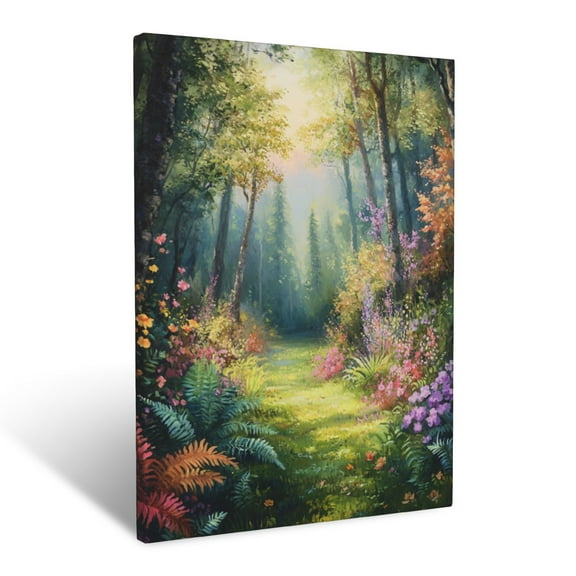 CozyNet Romantic Forest Glade With Colorful Ferns, Flowering Trees & Softly Dappled Light Wall Art Prints With Frame Canvas Perfect for Living Room & Bedroom, Ready to Hang, Wall Decor 12"x16"in