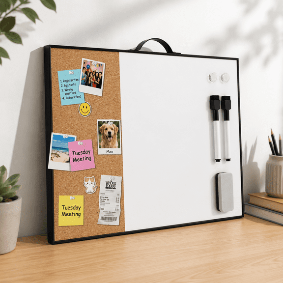 Black - 1/3 Corkboard, 16"W x 12"H 2-in-1 Magnetic Dry Erase Whiteboard Combo