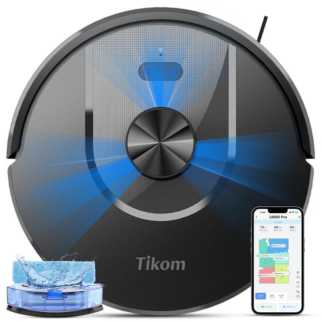 Robot Aspirador y Fregasuelos Tikom, Aspiradora Robótica Automática 6000Pa, Mapeo Inteligente, 150 Min Máximo, Ideal para Pelo de Mascotas, Pisos Duros, Alfombras, Hogar (L8000 Pro)
