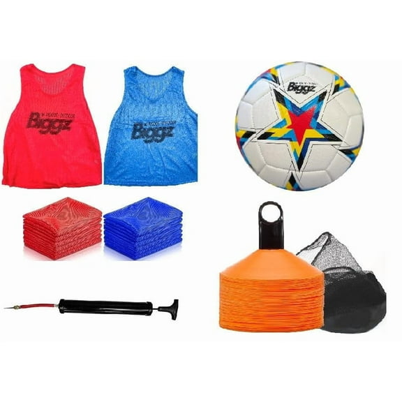 Biggz Soccer Starter Kit - 12 Mesh Colored Vest with Size 5 Soccer Ball and Pump   Bonus 25 Cones
