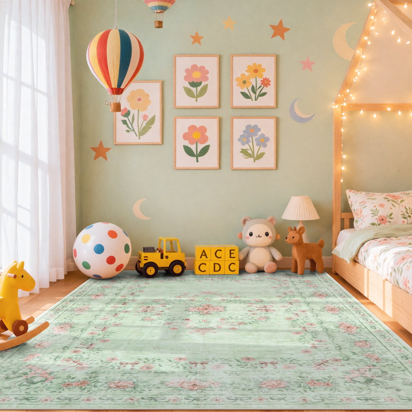 Lahome Washable 8'x10' Area Rug, Sage Green Floral Bow Print Rugs for Living Room, Ultra-Thin Non-Shedding Soft Boho Carpet for Bedroom Dining Room Playroom Dorm, Large Mat, Light Green