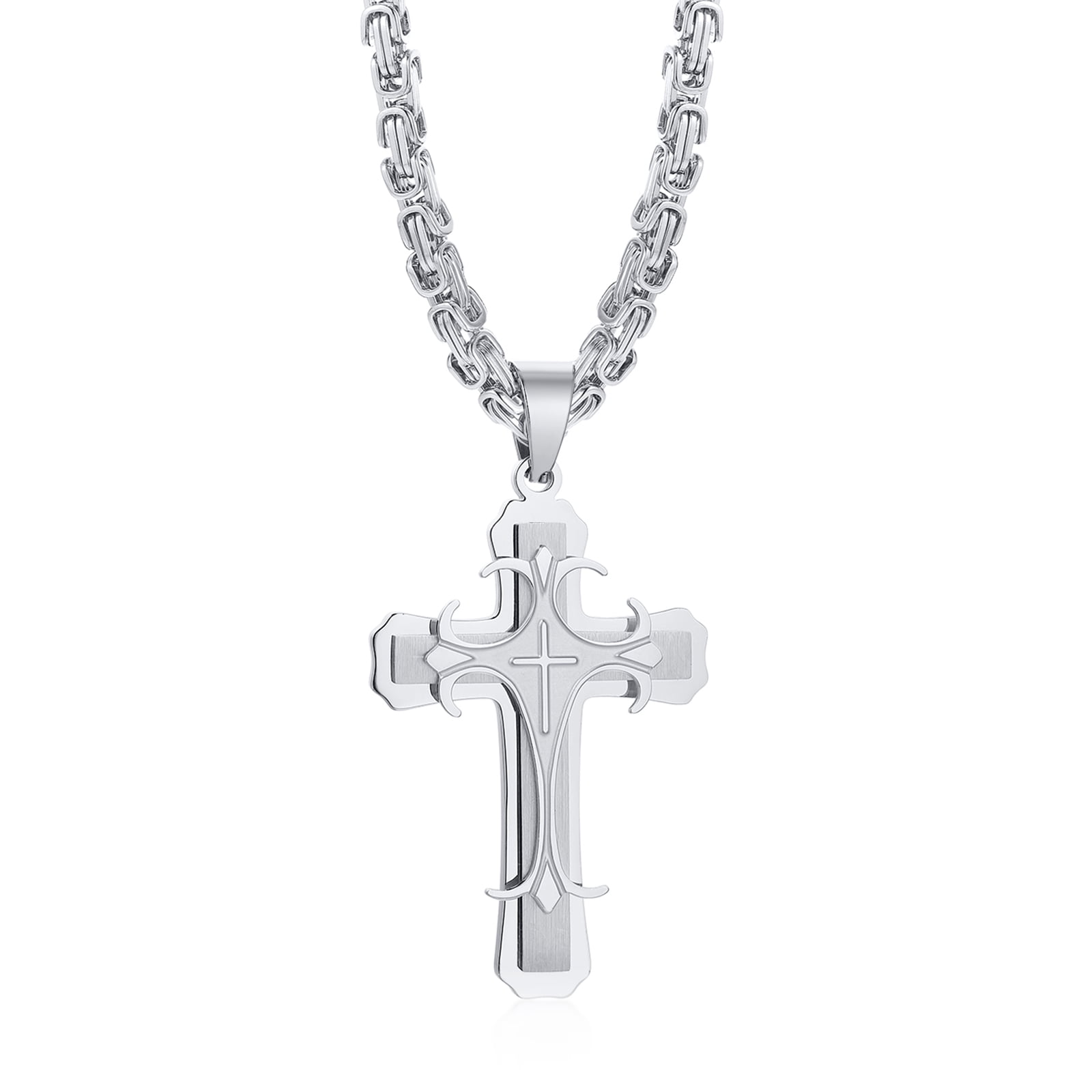 Stainless Steel Men Gold Silver Black Cross Pendant Byzantine Chain Necklace C2 