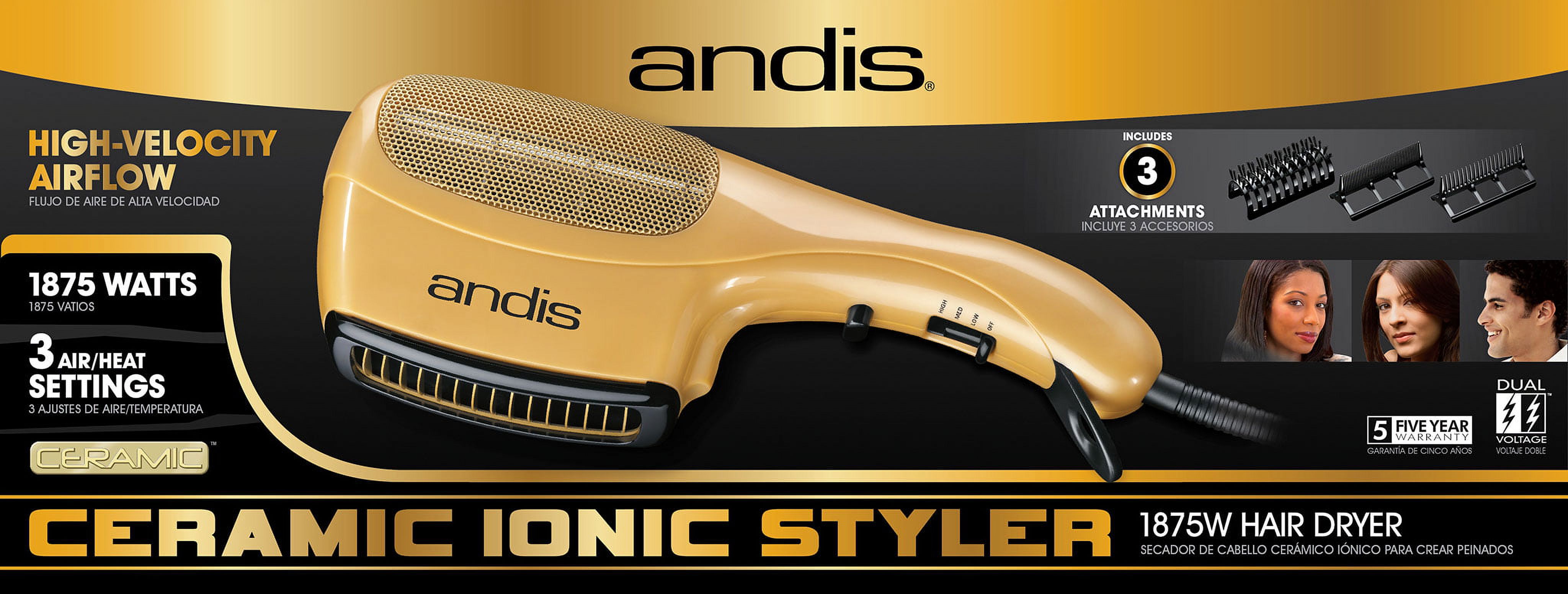 Andis Ceramic Ionic Hair Dryer with Bristle Brush, Fine-Tooth & Wide-Tooth Pick, 1875 Watts, Yellow - image 5 of 8