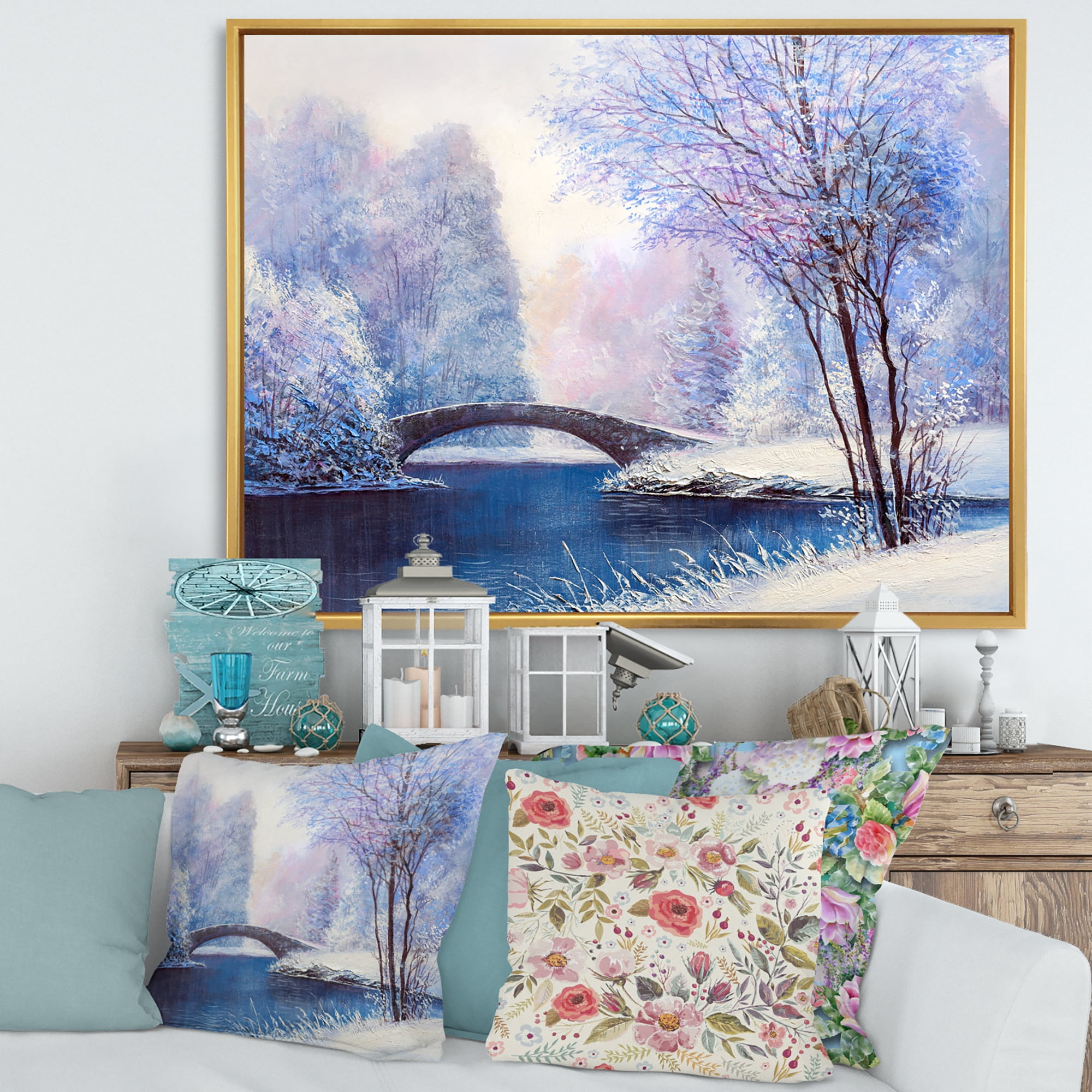 Designart 'Bridge Of Meandering River With Winter Scenery III' Lake House Framed Canvas Wall Art Print
