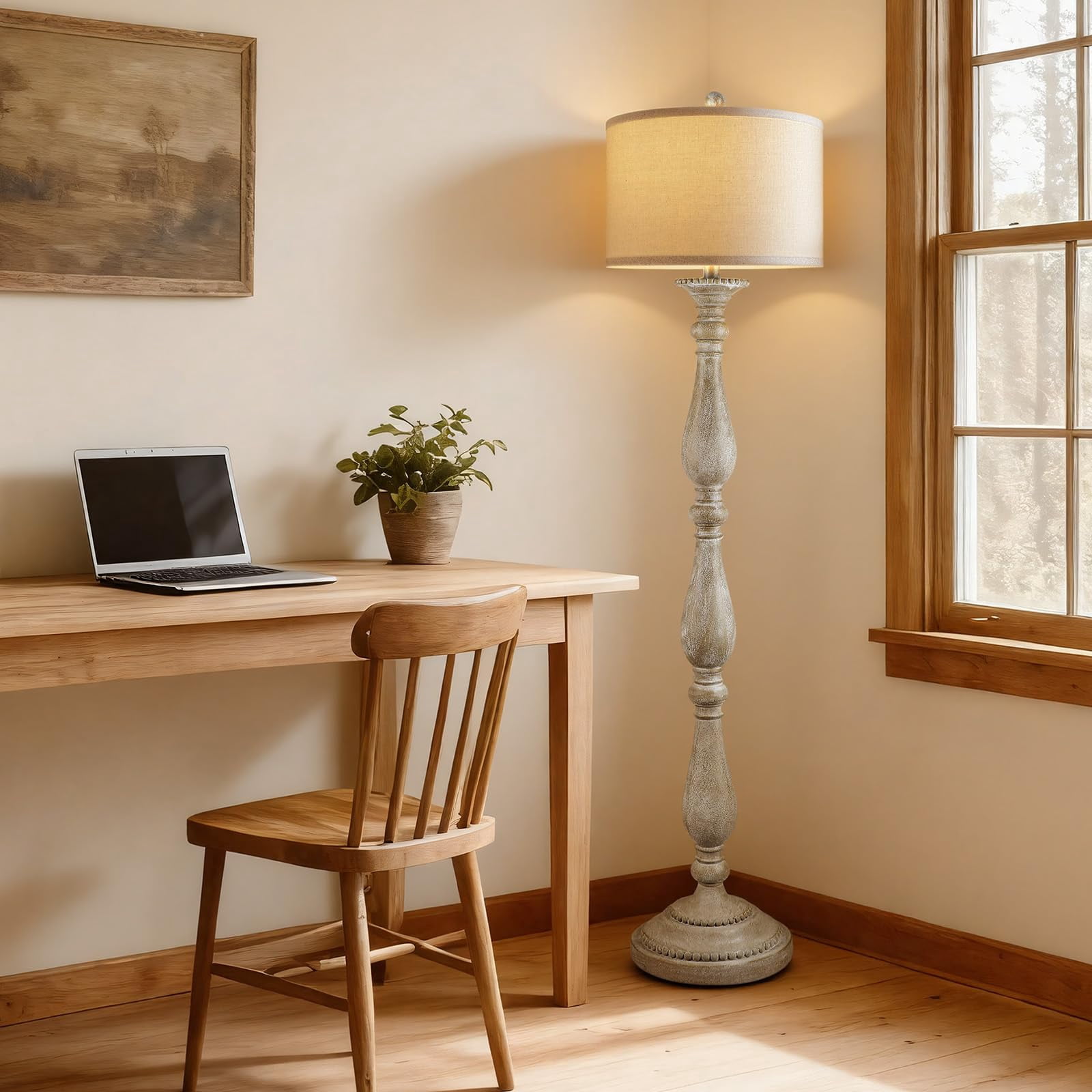 Vintage Floor Lamp For Living Room  Rustic Farmhouse Standing With Rotary And Linen Shade Retro Bedroom Corner Dining House Decor Grey
