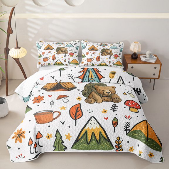 Erosebridal Happy Camping Kawaii Bear Twin Quilt Set for Teens,Boys Girls Adventure Accessories Twin Coverlet Set