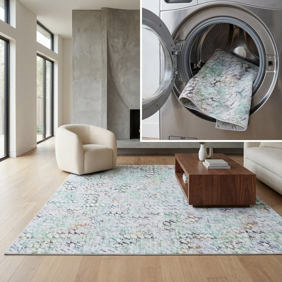 SAFAVIEH Tacoma Sheldon Abstract Machine Washable Area Rug, Grey/Green, 8' x 10'