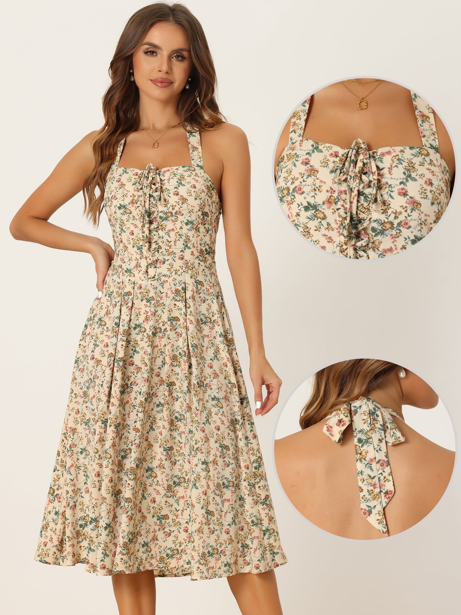 DARING DIVA Women's Halter Sleeveless Lace Up Floral Midi Dresses XS Beige