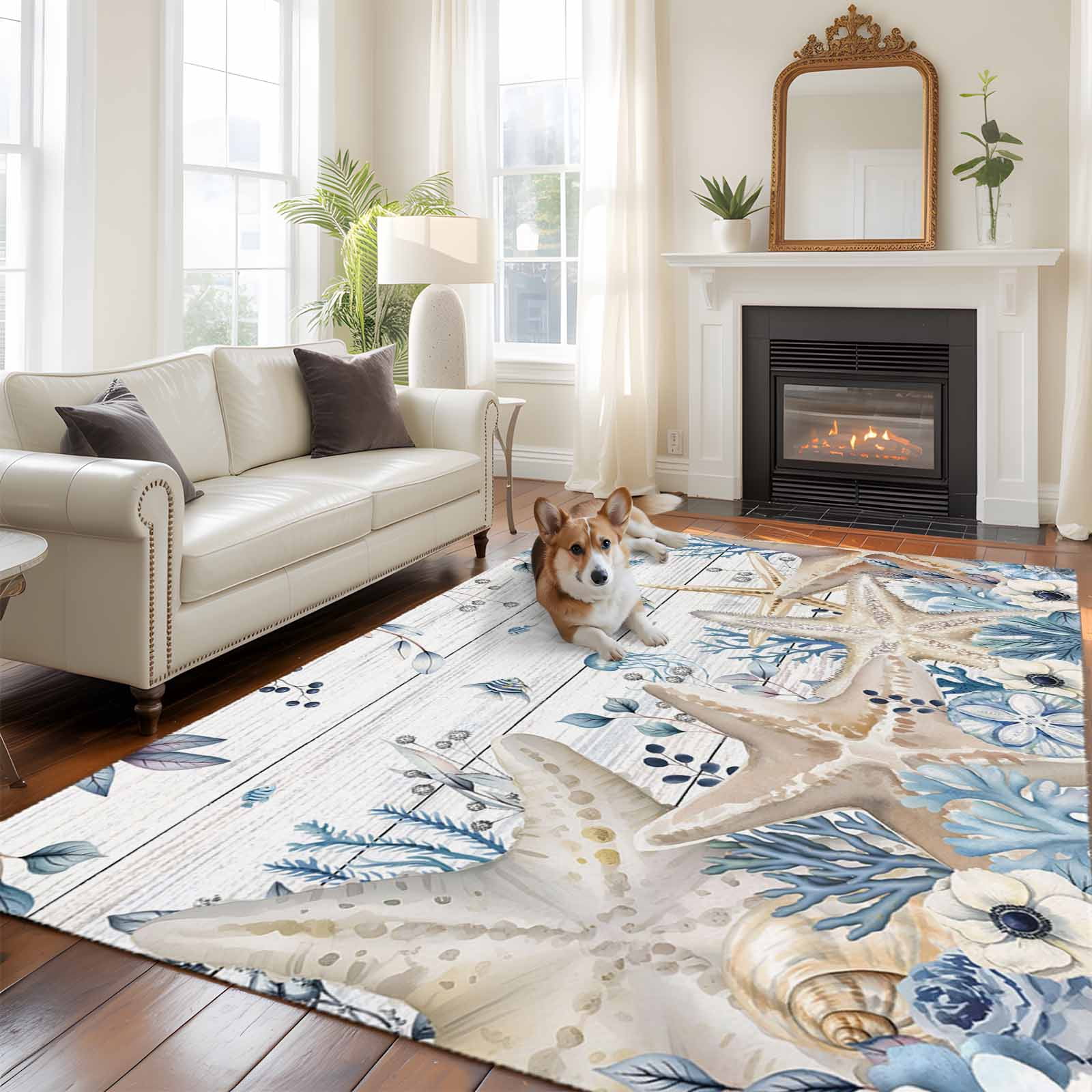 6'x9' Area Rugs, Blue Beige Coastal Indoor Outdoor Area Rug for Living Room Bedroom, Beach Starfish Summer Eucalyptus Retro Washable Bathroom Rugs Kitchen Floor Carpet Mats Home Decor Aesthetic