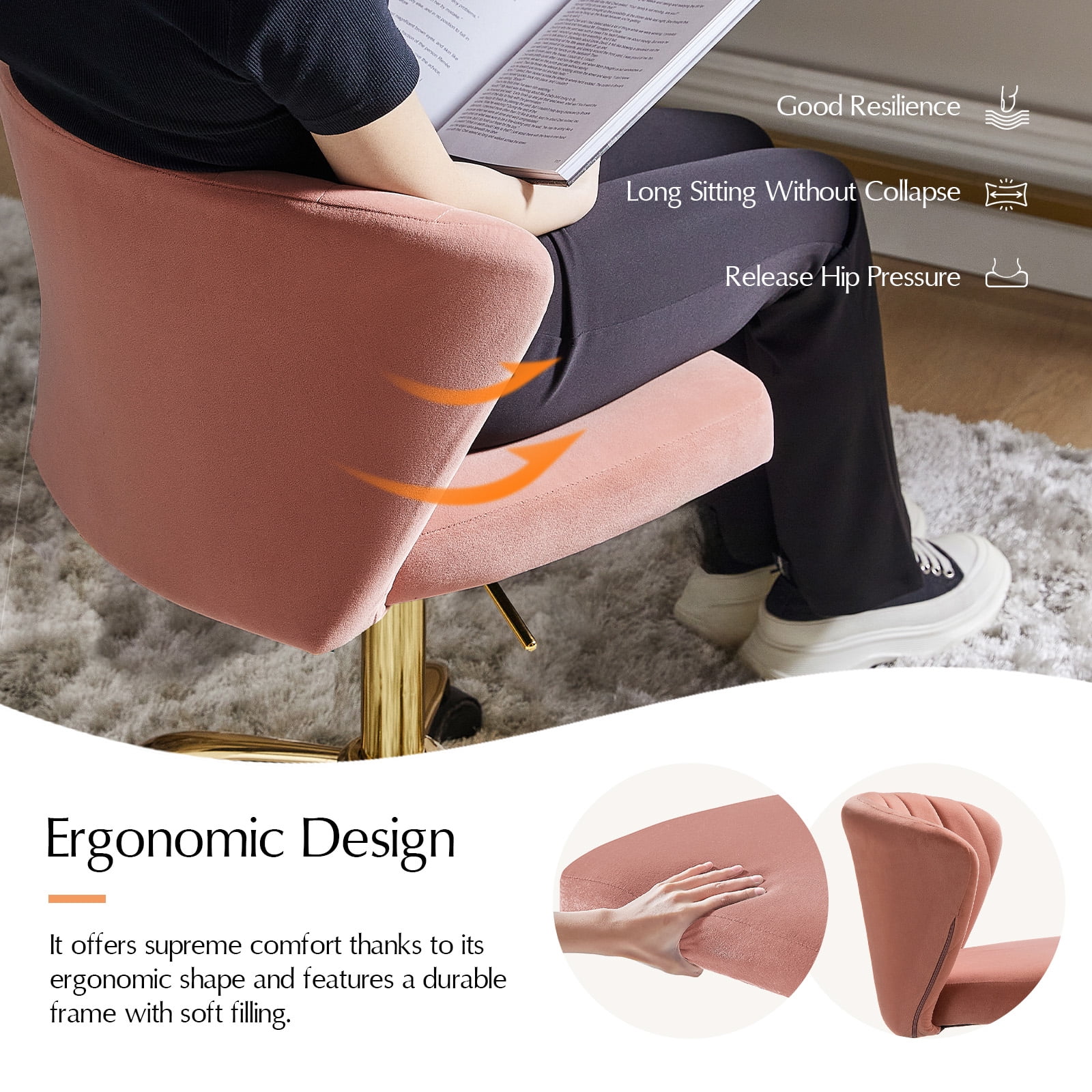 Tina's Home Pink Velvet Swivel Office Chair with Gold Legs, Adjustable Height Rolling Desk Chair for Vanity