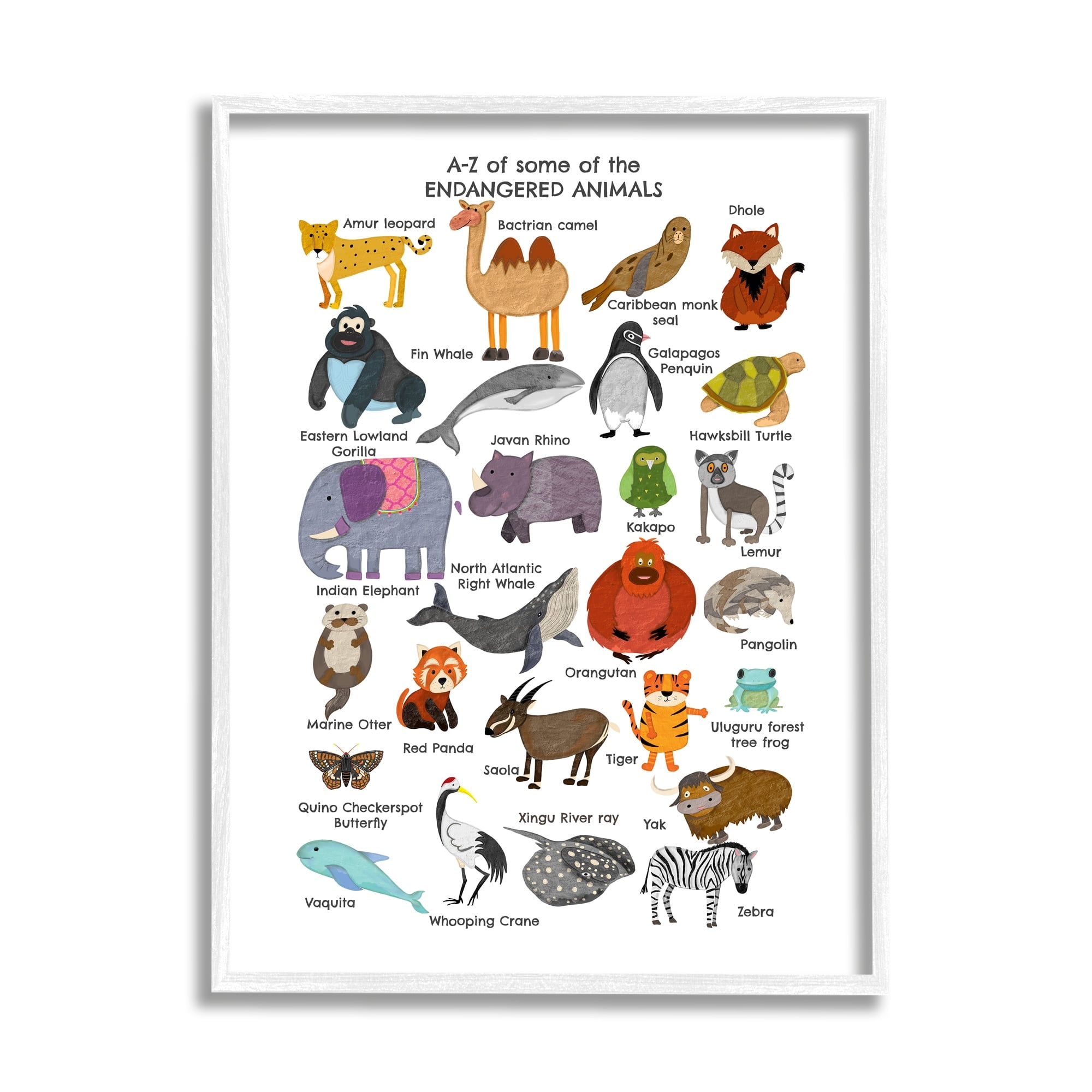 Stupell Industries Children's ABC chart of Endangered Animals Fun Alphabet, 16 x 20,Design by Sangita Bachelet