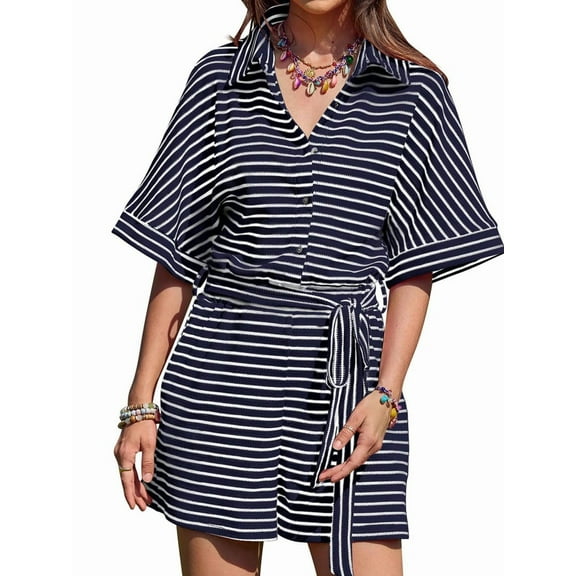 Womens Summer Casual Striped Rompers Short Sleeve Button Down Belted Elastic Waist Short Jumpsuit Dark Blue S