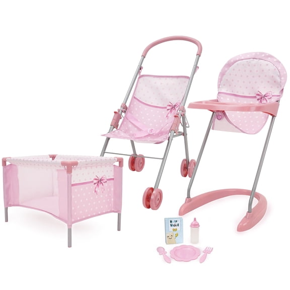 509 Crew: Bow Travel Care n Feed Set - Pink & White, 8pc On-the-Go Doll Accessories, Highchair-Umbrella Stroller-Play Yard, Doll Roleplay Toy, Kids 3