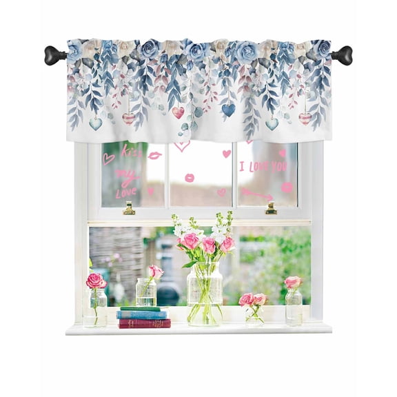 Window Valance for Kitchen,Valentine's Blue Rose Eucalyptus Leaves on The Top Rod Pocket Curtain Valances Short Curtains Drapes Panel,Spring Plant Window Treatment Topper for Bathroom Bedroom,54x18IN