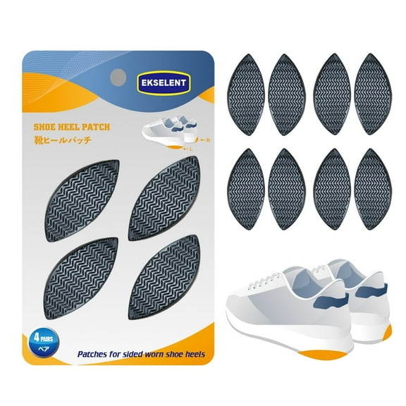 EKSELENT 4 Pairs Shoe Heel Repair Plates Taps, Sneaker Heel Single Side Worn Rubber Patch, Replacement Kit with Sandpapers, Left and Right Side Anti Slip Design (Black)