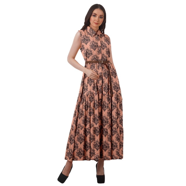 Moomaya Robes Chemises à Col pour Femmes Imprimées en Rayonne à Boutons Robes Maxi pour Femmes