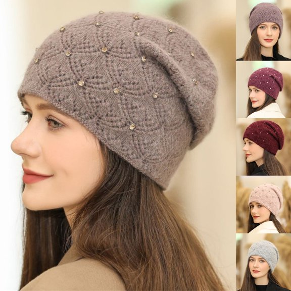 Sales 2026 Under $5 Khaki Winter Hats for Women GIJNRIUIUA Women Elegant Trendy Warm Chunky Soft Cable Knit Winter Hat with Pearl Beaded Trim Hat Warm Cap Hijab Cap