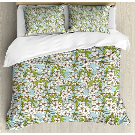 Spring Duvet Cover Set King Size, Pattern of Delicate Floral Branches Repetition with Nature Leaves, Decorative 3 Piece Bedding Set with 2 Pillow Shams, Pale Blue and Multicolor, by Ambesonne