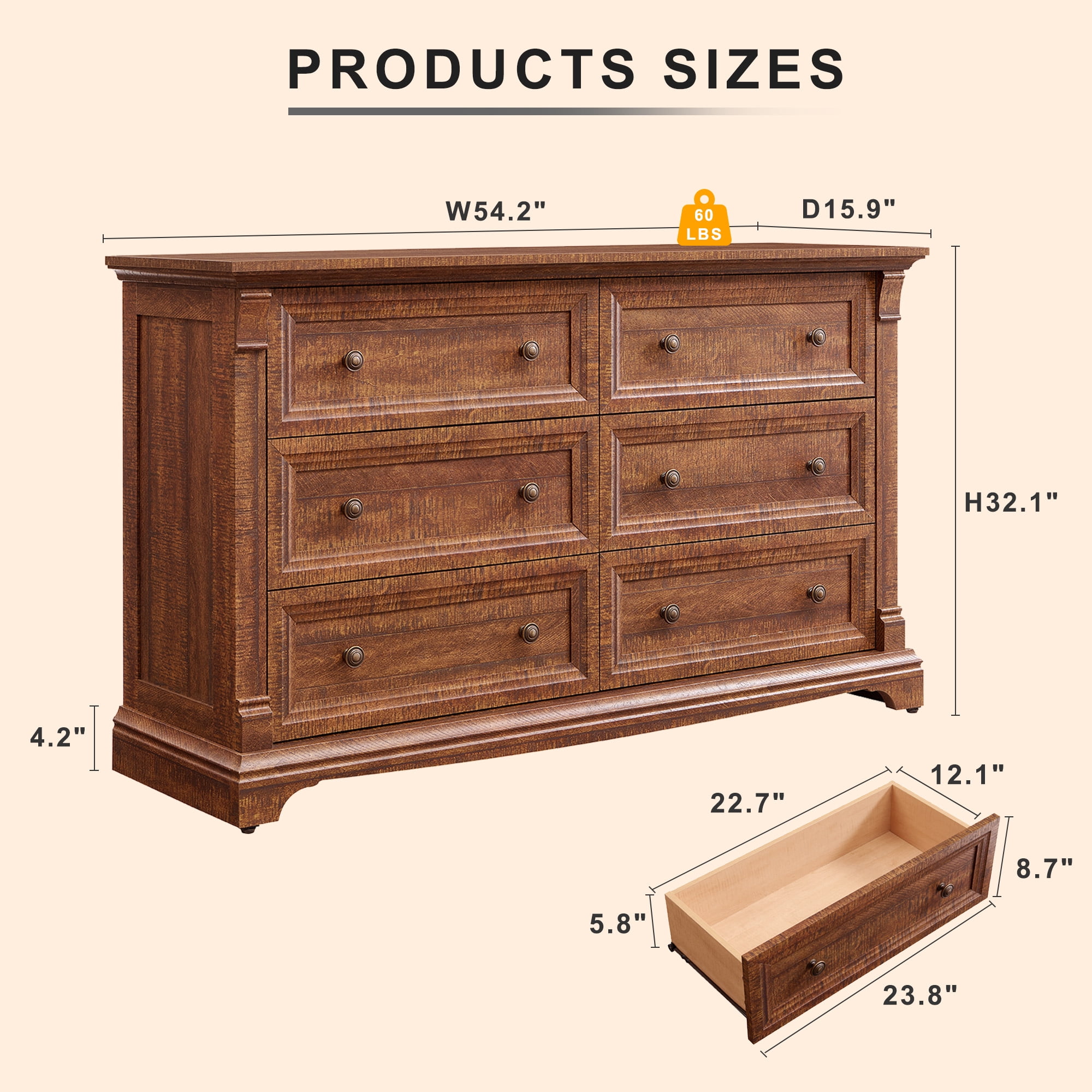 KeyWhat 54" Farmhouse 6-Drawer Dresser with Handles for Bedroom, Living Room , Hallway