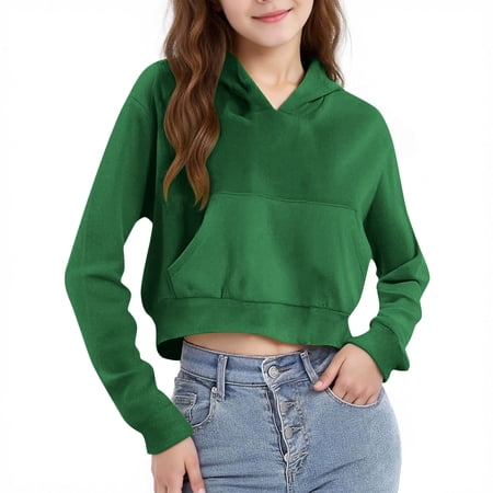 Hinvhai Cropped Hoodies for Girl Lightweight Long Sleeve Hooded Sweatshirt with Kangaroo Pocket Spring Fall Trendy Outfits Green 4 Years