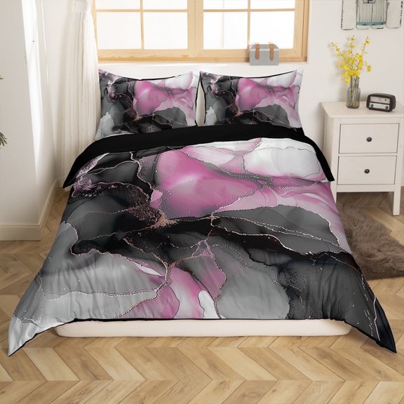 Erosebridal Black and Pink King Bedding Sets Modern Marble Duvet Cover, Gold Metallic Comforter Cover Chic Foil Print Bed Set, Abstract Mountain Fluid Bed Cover (Zipper Closure)