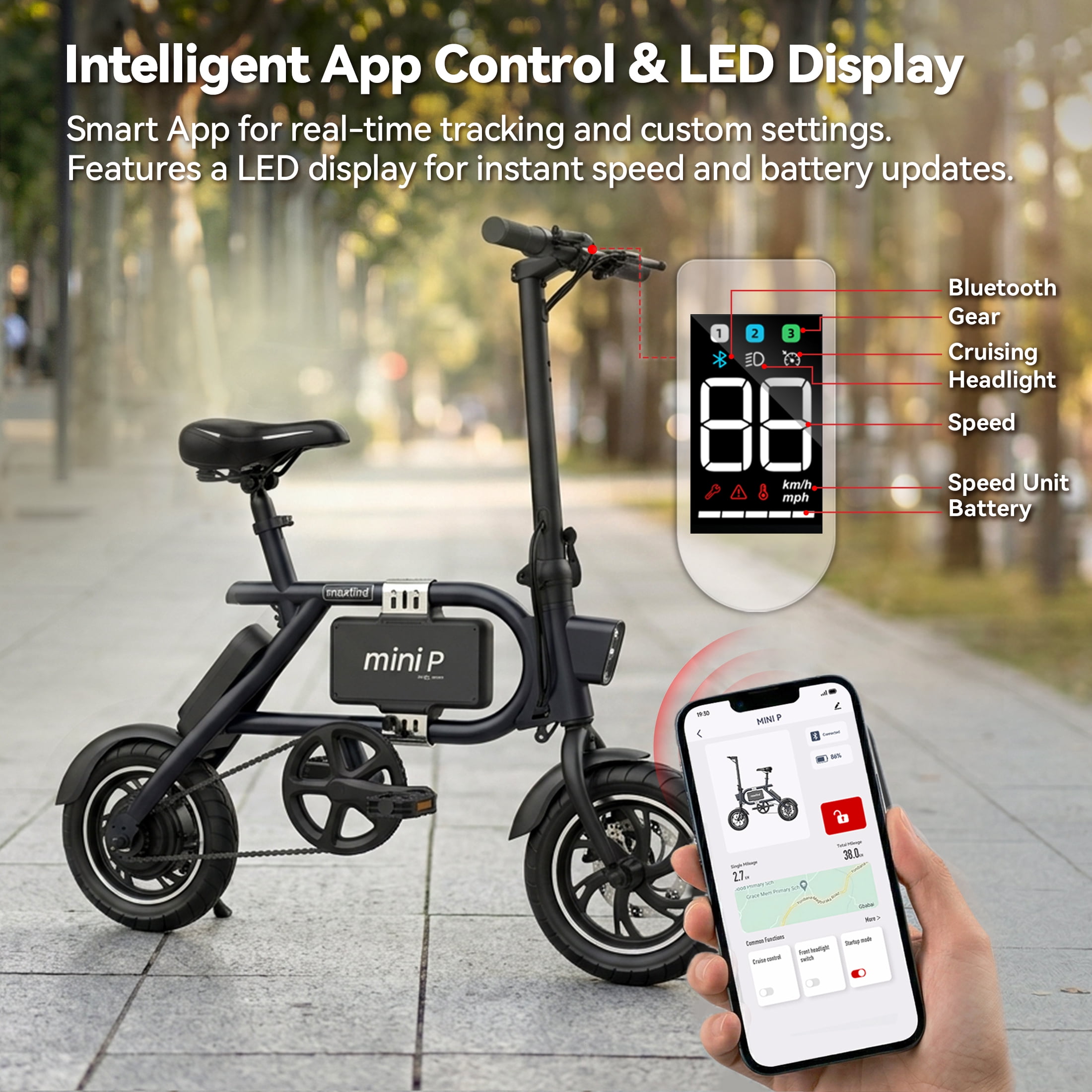 Maxfind Foldable 12" Electric Bike for Adults, Max 37-Mile Range Pedal-Assist,Removable Lithium Battery, Smart App Control,Adult Electric Bicycle for Commute