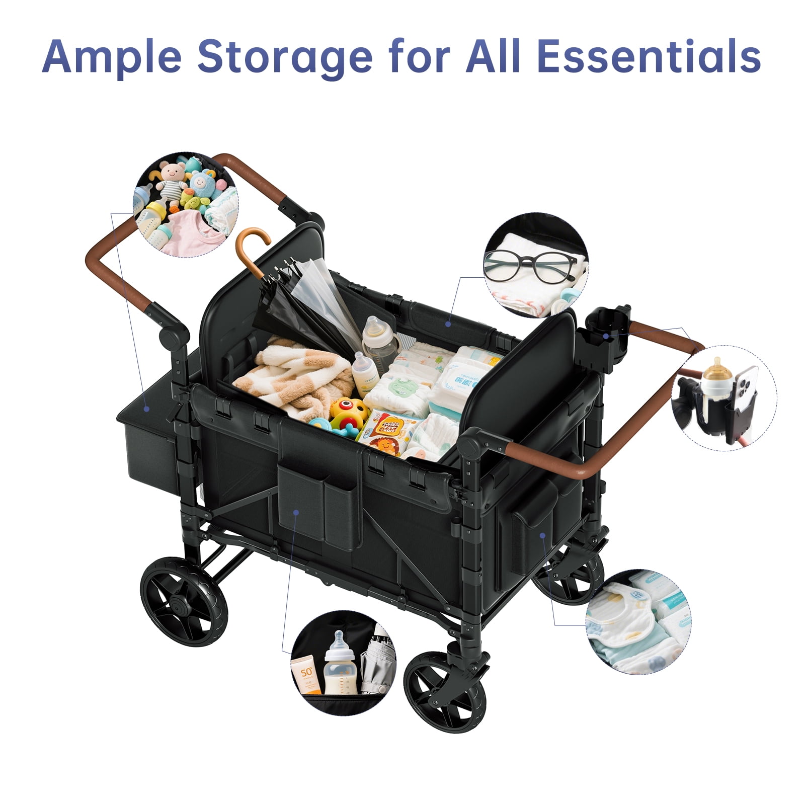 Vipsafe Foldable Wagon Stroller for 4 Kids, Multifunctional Baby Stroller with Detachable Canopy, Adjustable Handlebars, Easy Storage for Toddlers