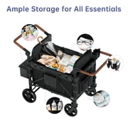 Vipsafe Foldable Wagon Stroller for 4 Kids, All-Terrain Convertible Baby Stroller for Toddlers with 5-Point Harness, Foot Brake, 9-Level Adjustable Handle, Removable Canopy, Black