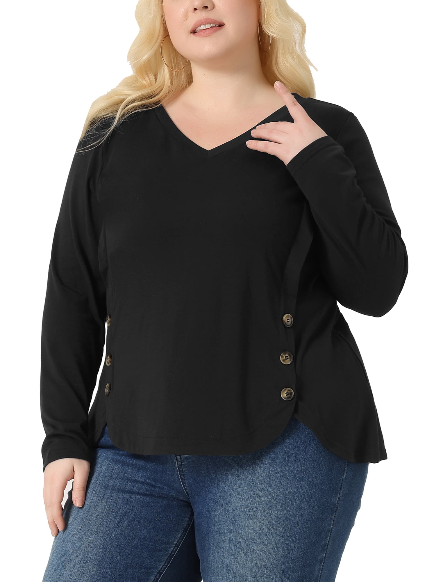 DARING DIVA Women's Plus Size Long Sleeve Button Side Swing Blouses 1X Black