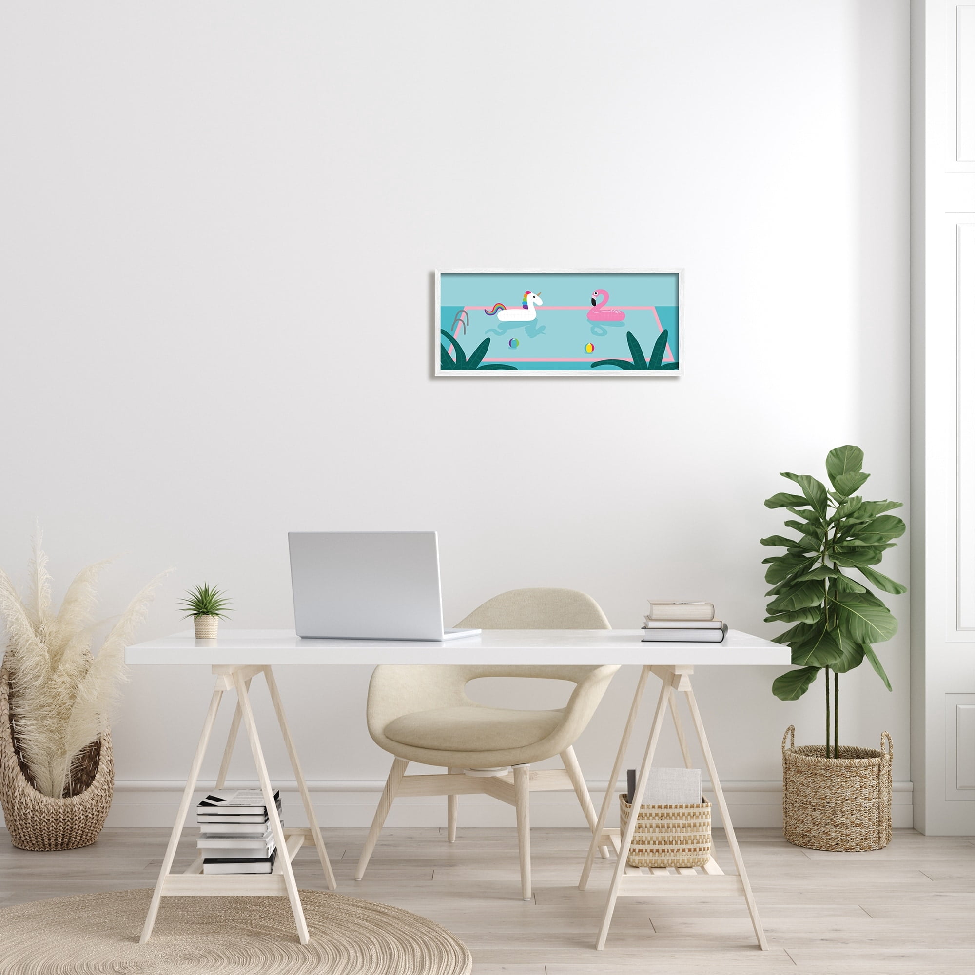 Stupell Industries Unicorn Flamingo Tropical Pool Water Floats Novelty Painting White Framed Art Print Wall Art, 10 x 24, Design by Make Much Studios