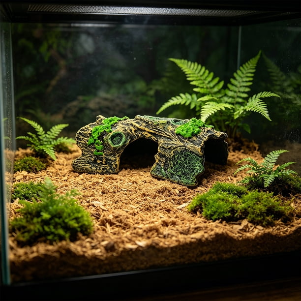 Cueva de árbol artificial para reptiles con terraza de asoleo y cuevas ocultas para tortugas, lagartos y recintos de reptiles, verde, plástico, múltiples tamaños