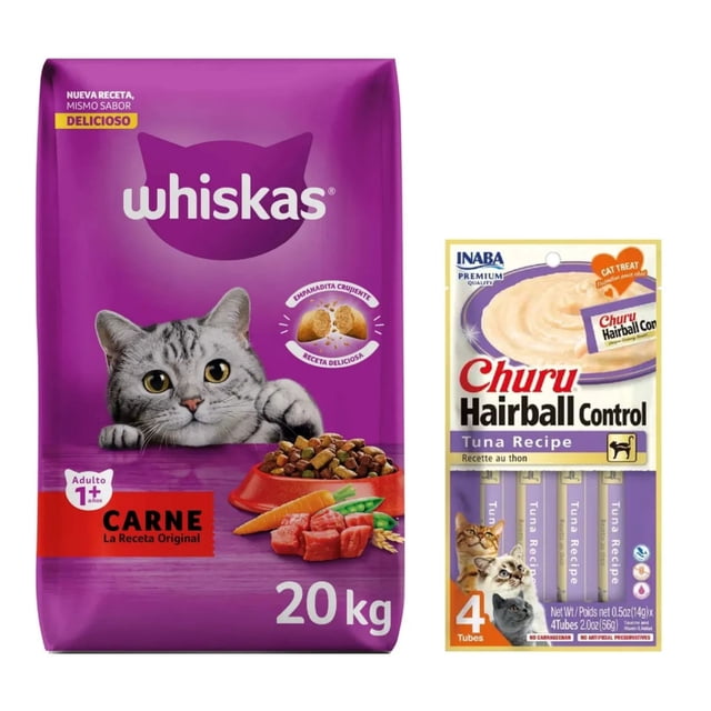 Whiskas Original Carne 20 kg + Churu Hairball Snack con 4 tubos de 14g
