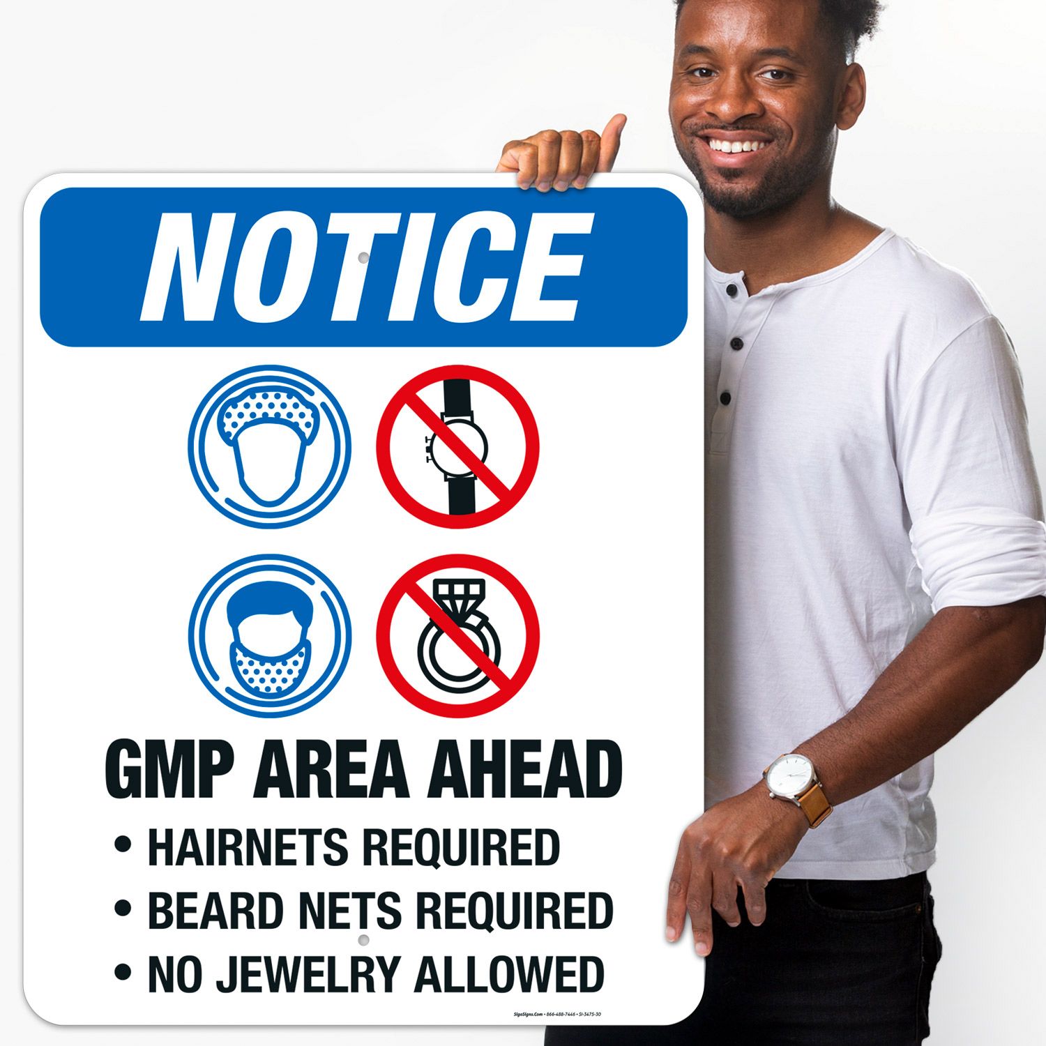 GMP Area Sign - 'Hairnets, Beard Nets Required, No Jewelry Allowed' - OSHA Compliant, 18x24 Inches, Reflective Aluminum, Made In USA
