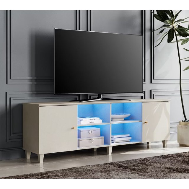 WAMPAT Mid-Century TV Stand with Blue LED Light,Modern Entertainment Center with Door Storage and Open Shelf for up to 75 Inch TV, TV Console Table for Living Room, Beige
