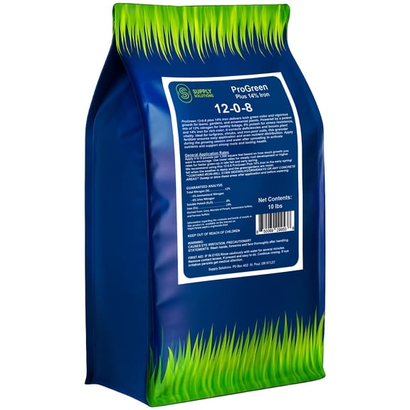 Supply Solutions | ProGreen 12-0-8 Plus 14% Iron | Granular Lawn and Garden Fertilizer - Plant Food Support for Deep Green Color and Stronger Roots - Perfect Spring Boost for Lawns - 10lbs