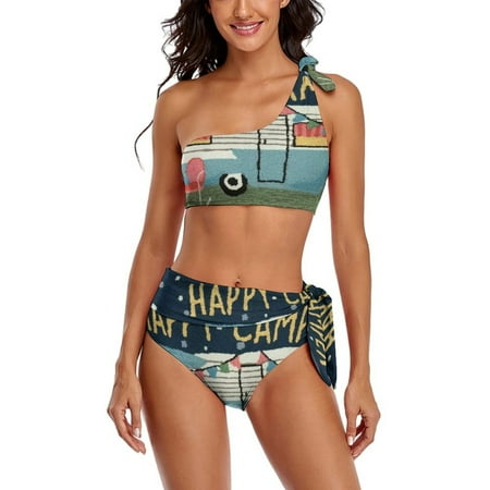 Happy Camping Dog One Shoulder Bowknot Swimsuit Two Piece Swimsuit Knot Crop Top Bikini High Waisted Bathing Suit