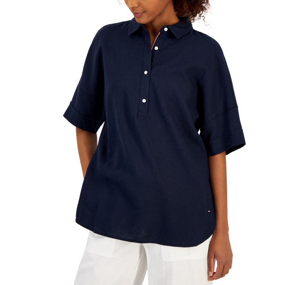 Women's Short Sleeve Linen-Blend Top  Sky Captain XXL