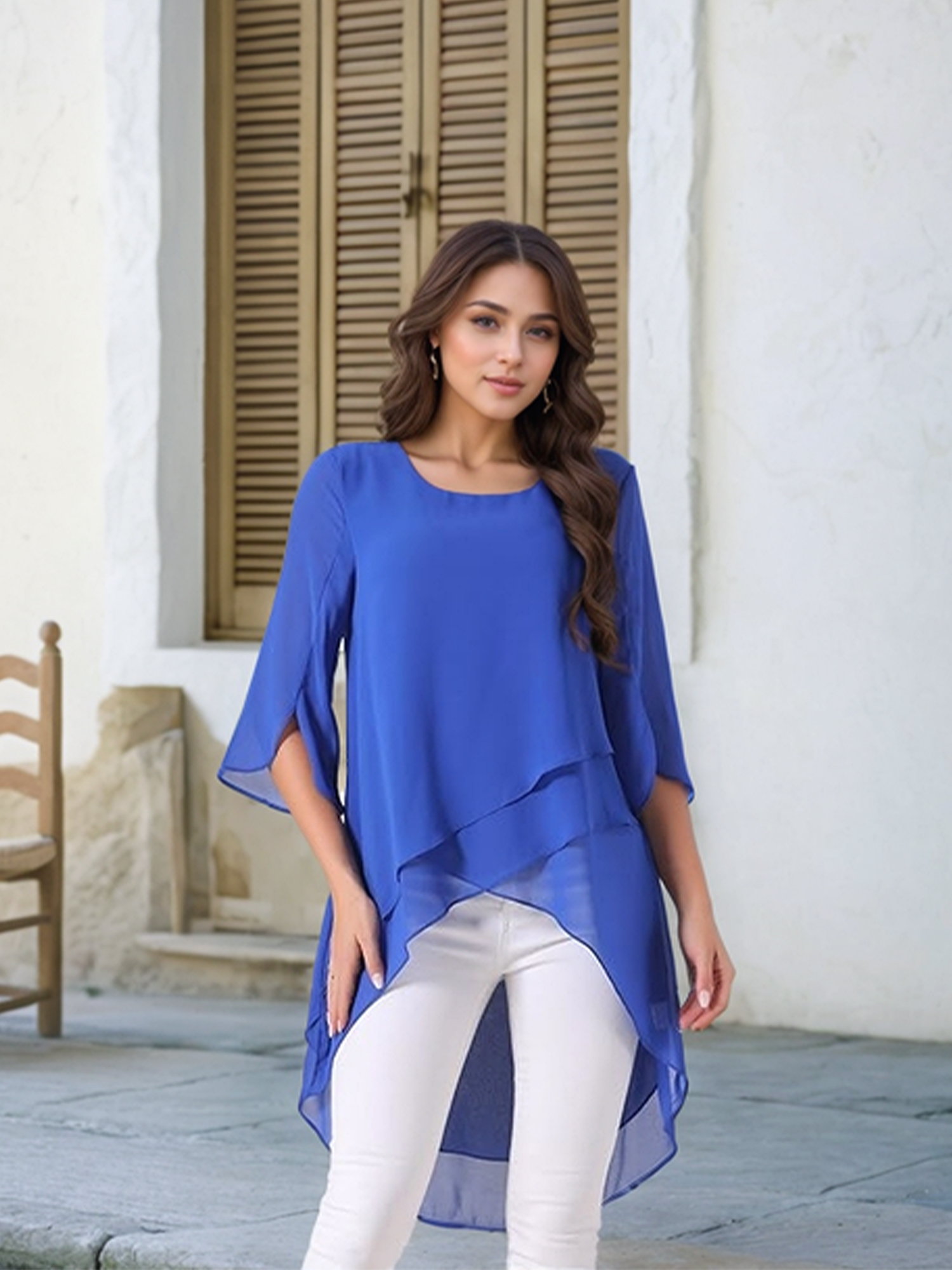 DARING DIVA Women's 3/4 Sleeve High Low Hem Scoop Neck Chiffon Blouses M Royal Blue