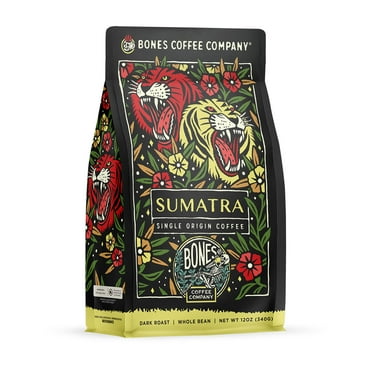 Bones Coffee Dark Roast Whole Bean Coffee | 12 oz Sumatra Single Origin Flavored Coffee
